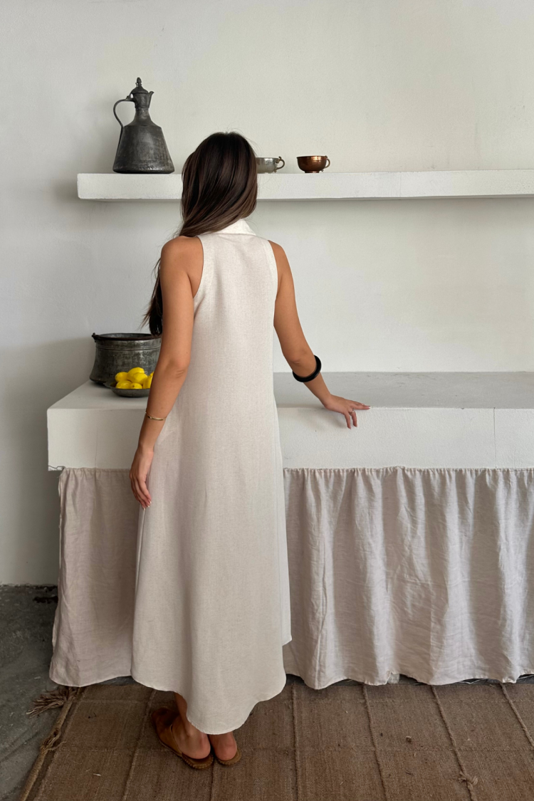 Beige Sleeveless Polo Neck Shirt Dress Midi