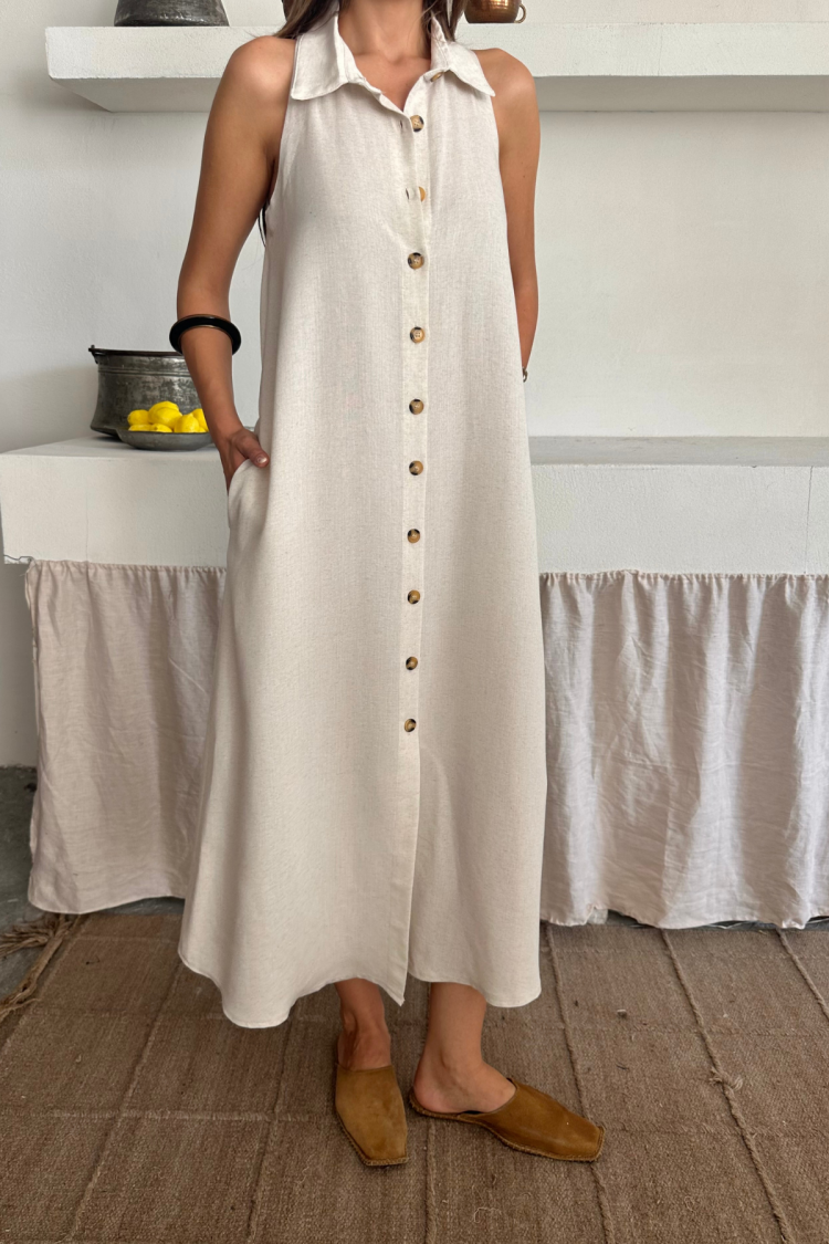 Beige Sleeveless Polo Neck Shirt Dress Midi