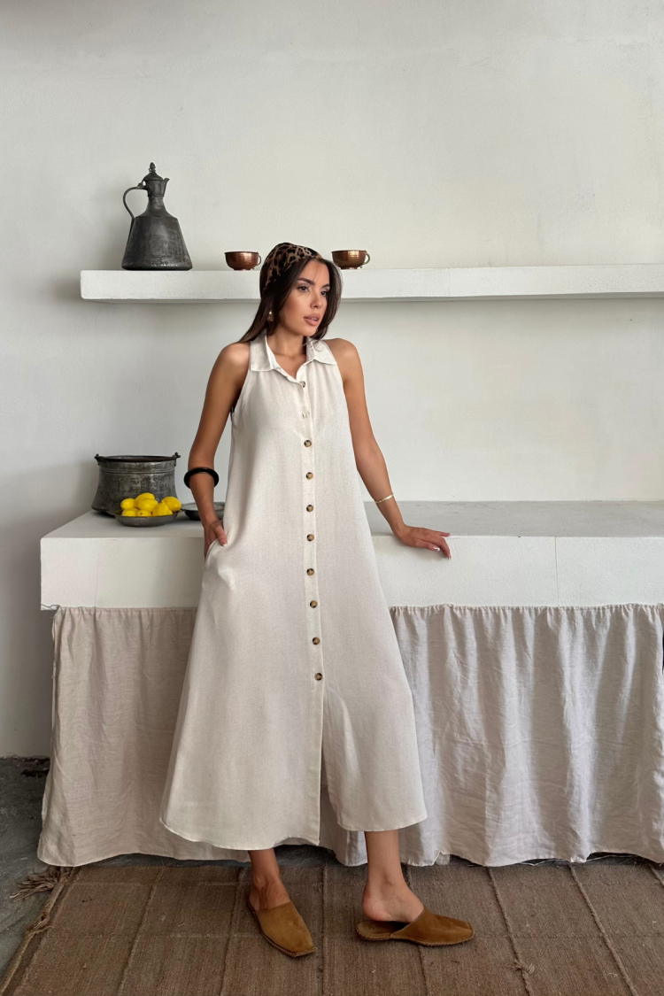 Beige Sleeveless Polo Neck Shirt Dress Midi