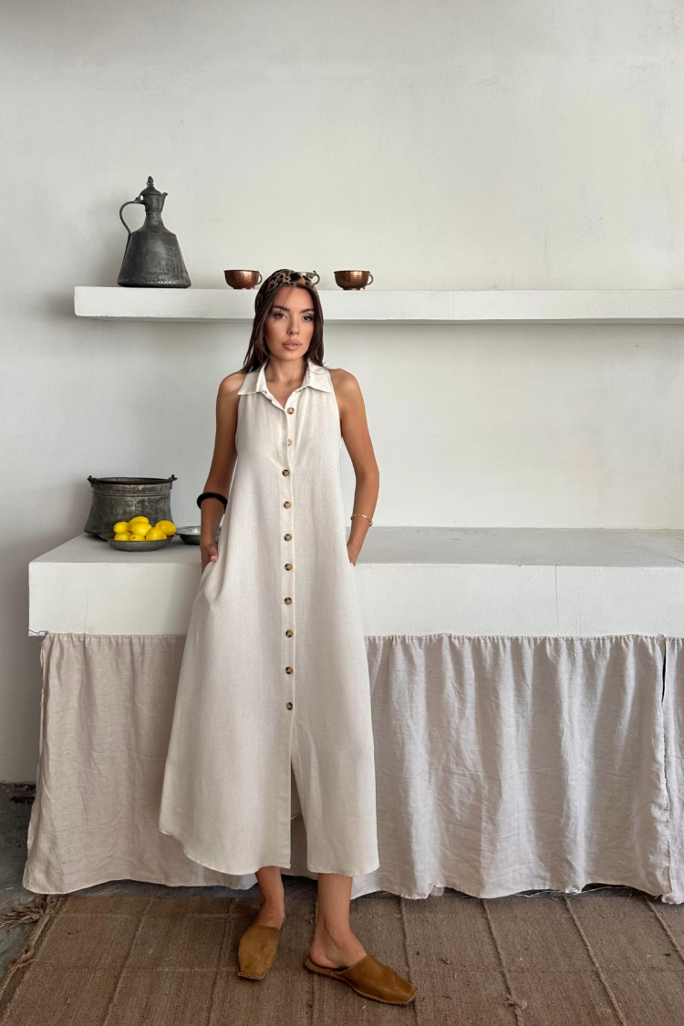 Beige Sleeveless Polo Neck Shirt Dress Midi