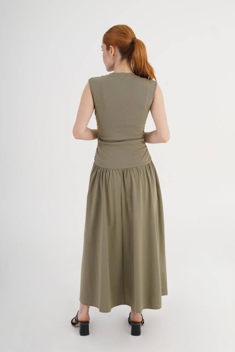 Khaki Fit And Flare Maxi Dress With Cap Sleeves