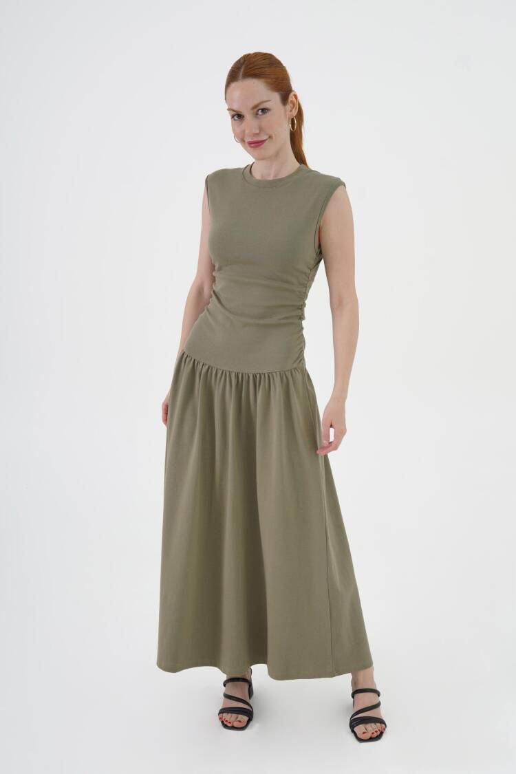 Khaki Fit And Flare Maxi Dress With Cap Sleeves - Brand: Lustrin - Women's Clothing Wholesale - Globality Store