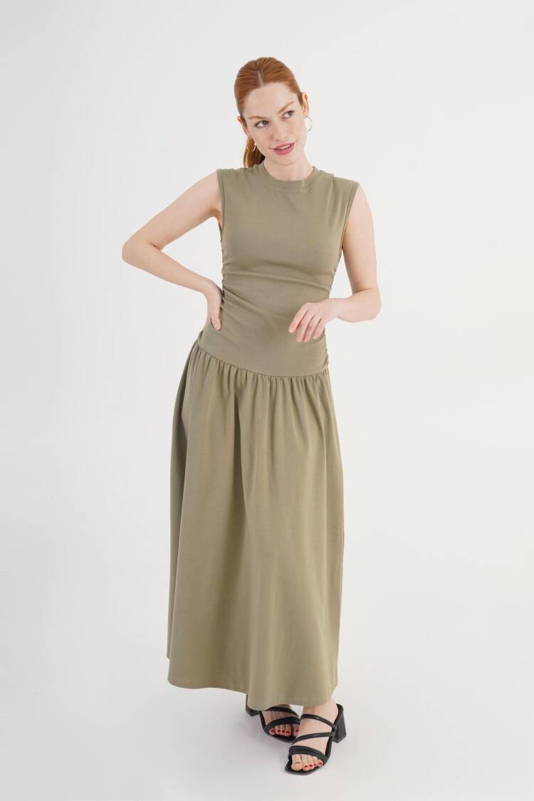 Khaki Fit And Flare Maxi Dress With Cap Sleeves