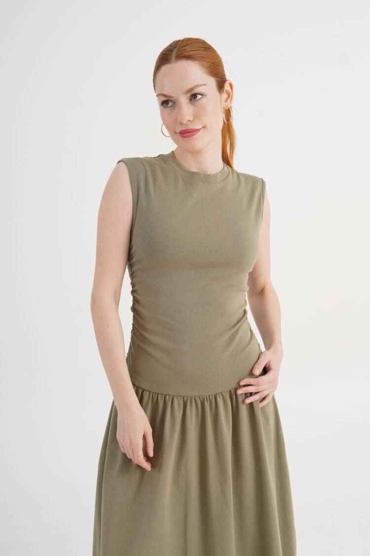 Khaki Fit And Flare Maxi Dress With Cap Sleeves
