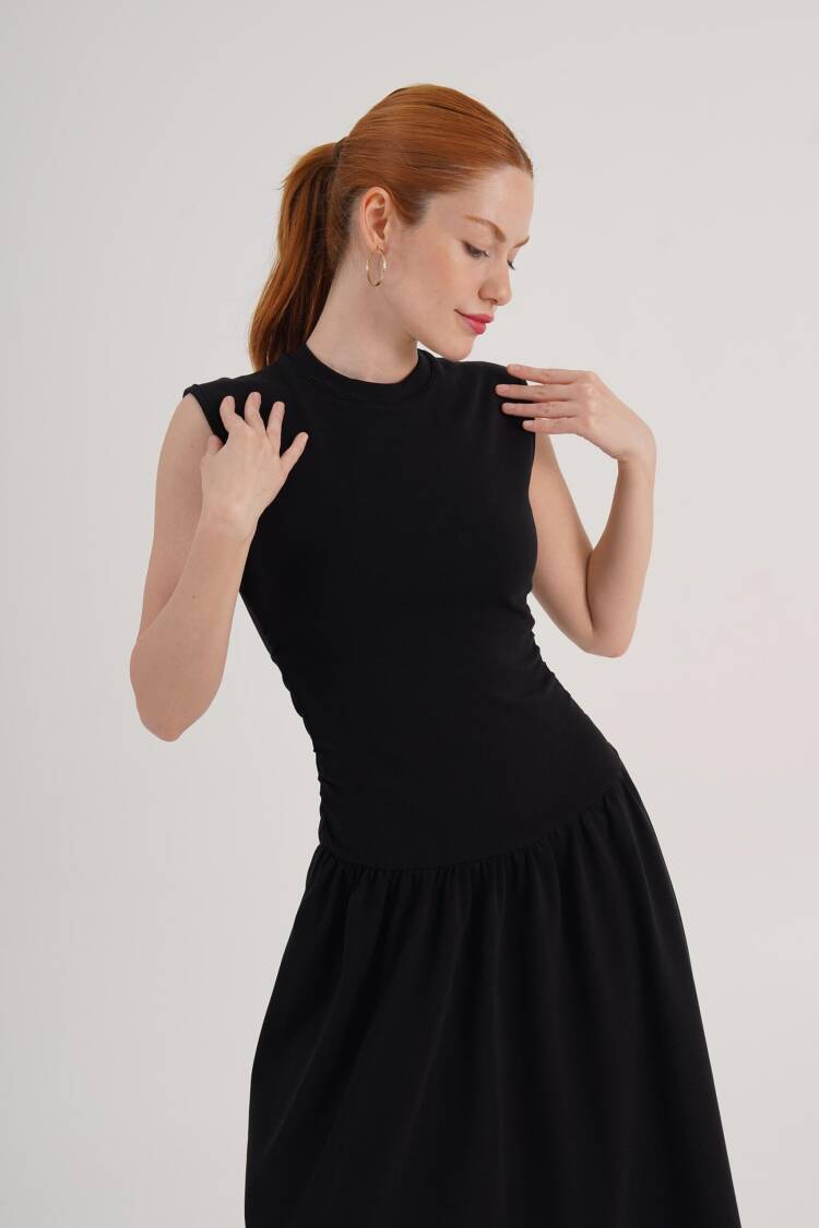 Black Fit And Flare Dress With High Neck