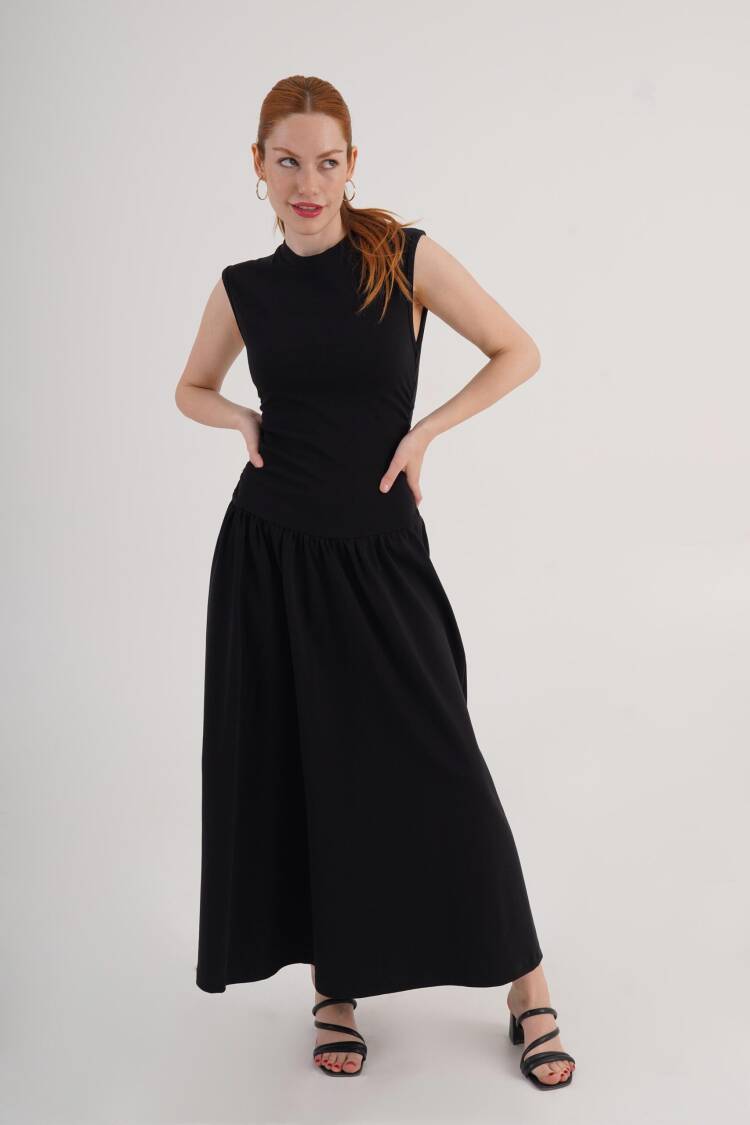 Black Fit And Flare Dress With High Neck