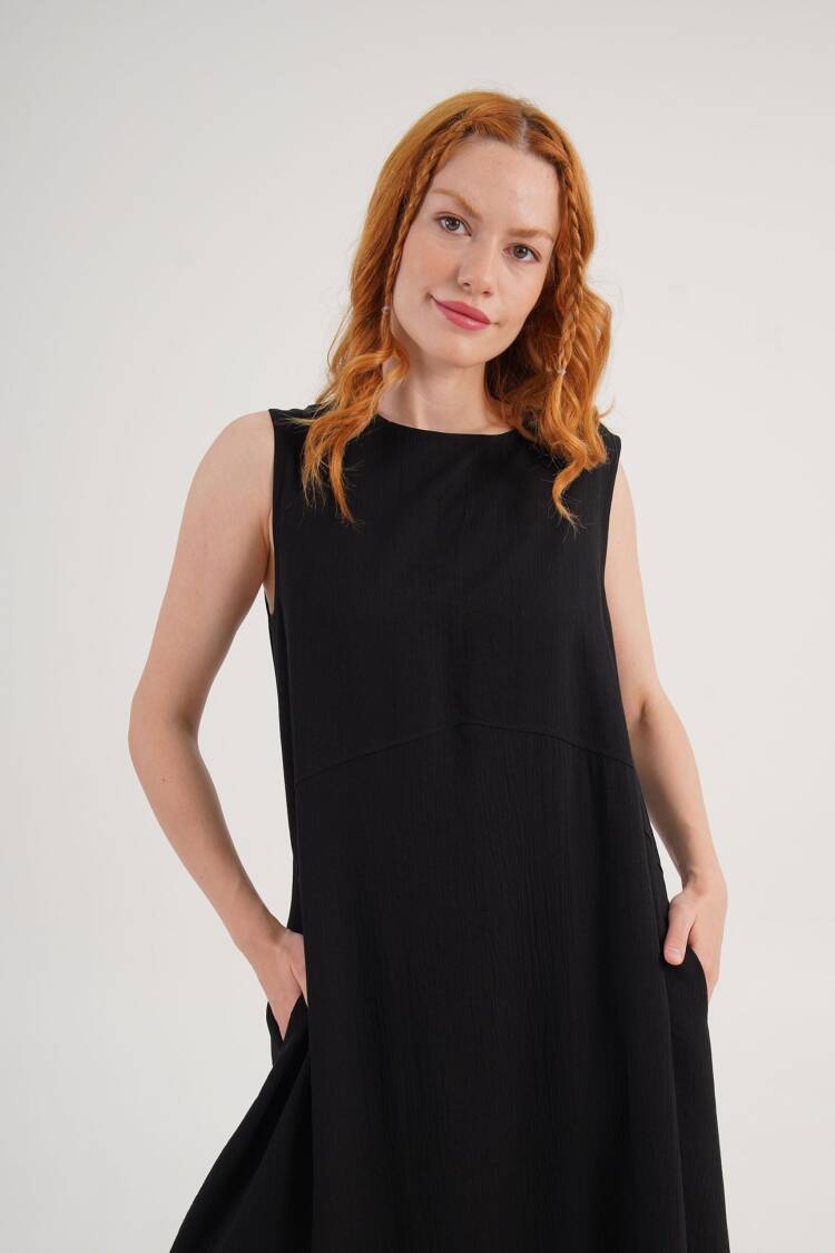 Black A-Line Midi Dress With Cap Sleeves