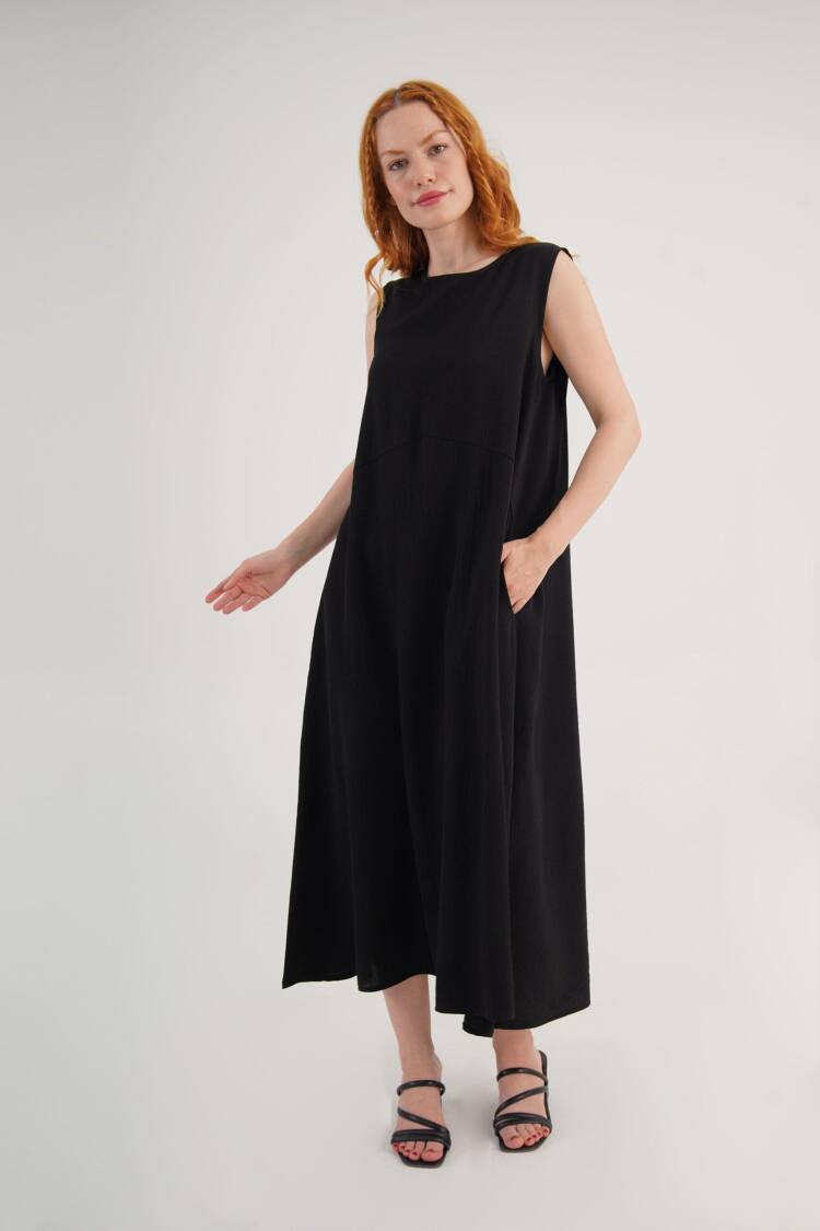 Black A-Line Midi Dress With Cap Sleeves - Brand: Lustrin - Women's Clothing Wholesale - Globality Store