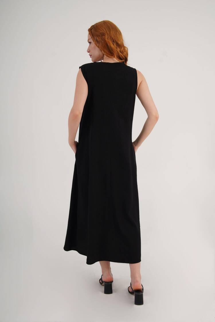 Black A-Line Midi Dress With Cap Sleeves