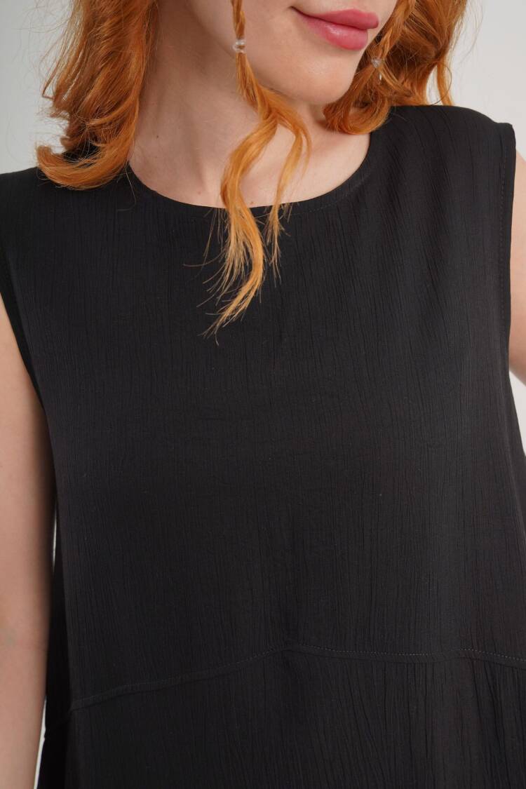 Black A-Line Midi Dress With Cap Sleeves