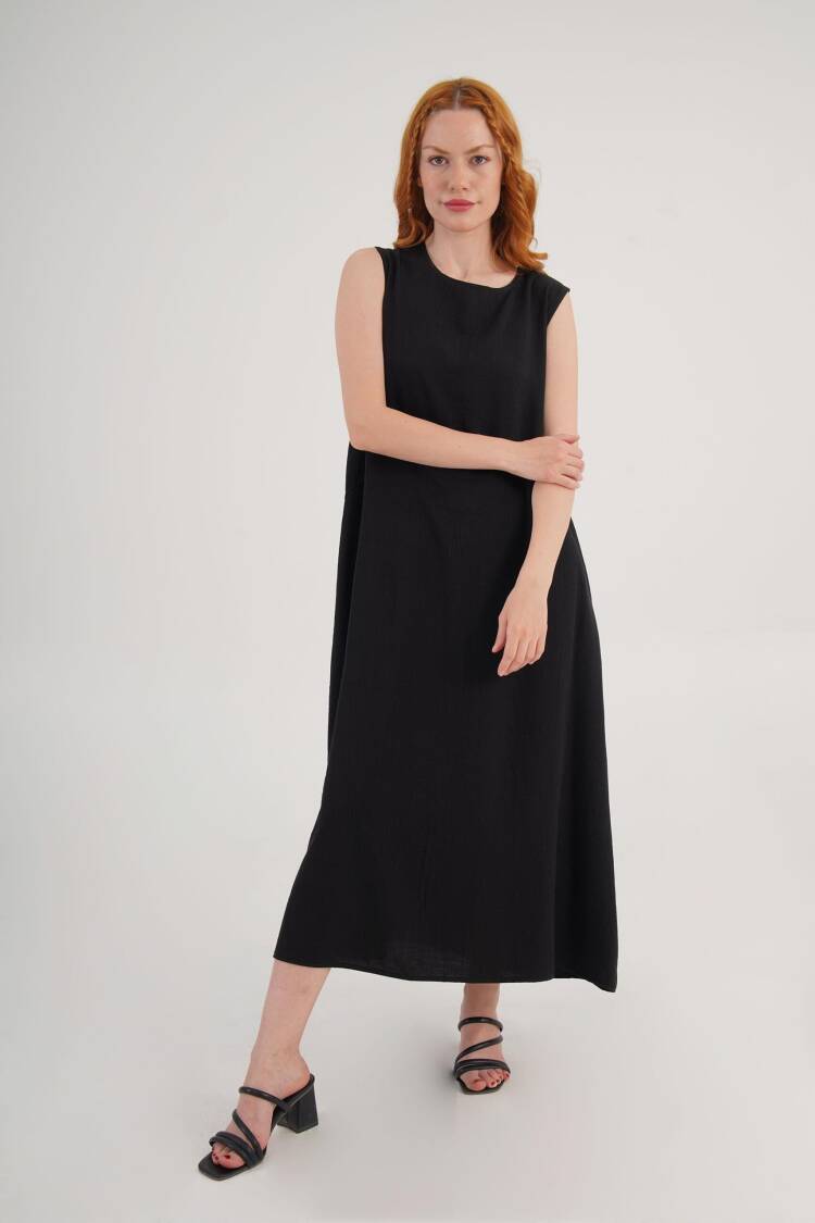 Black A-Line Midi Dress With Cap Sleeves