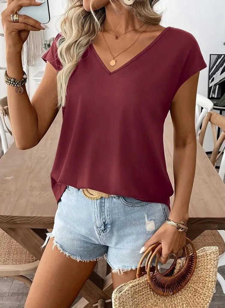 Blouse With V-Neck And Cap Sleeves