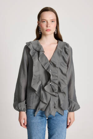 Grey Elegant V-Neck Buttoned Shirt - Brand: First Angels - Women's Clothing Wholesale - Globality Store