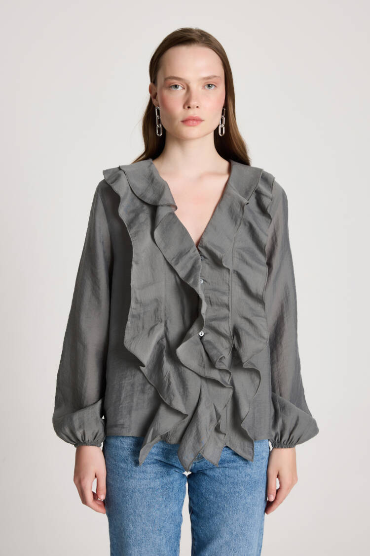 Grey Elegant V-Neck Buttoned Shirt - Brand: First Angels - Women's Clothing Wholesale - Globality Store