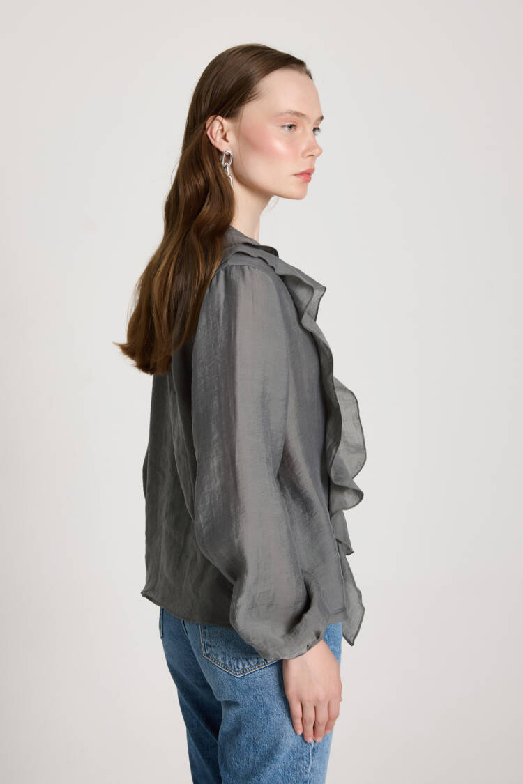 Grey Elegant V-Neck Buttoned Shirt