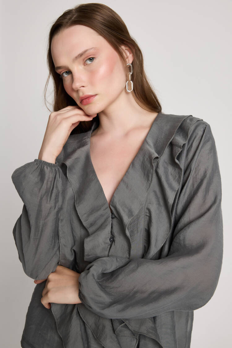 Grey Elegant V-Neck Buttoned Shirt