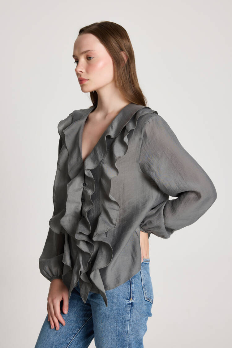 Grey Elegant V-Neck Buttoned Shirt