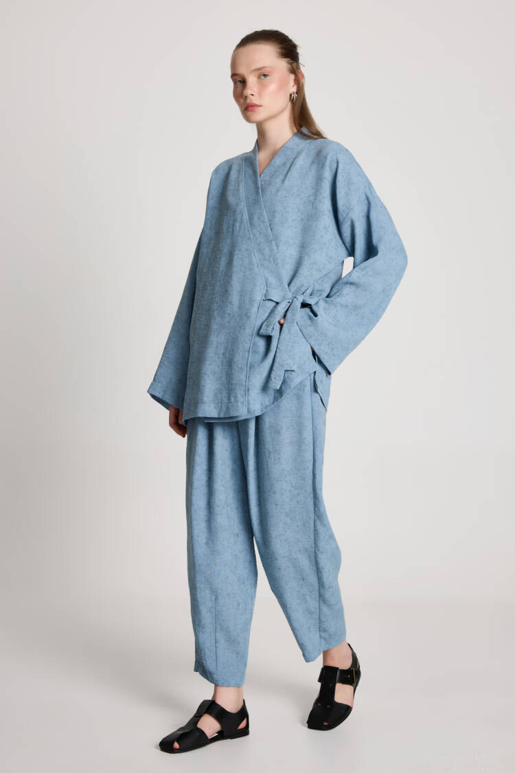 Blue Ethnic Casual Kimono With Tie Closure