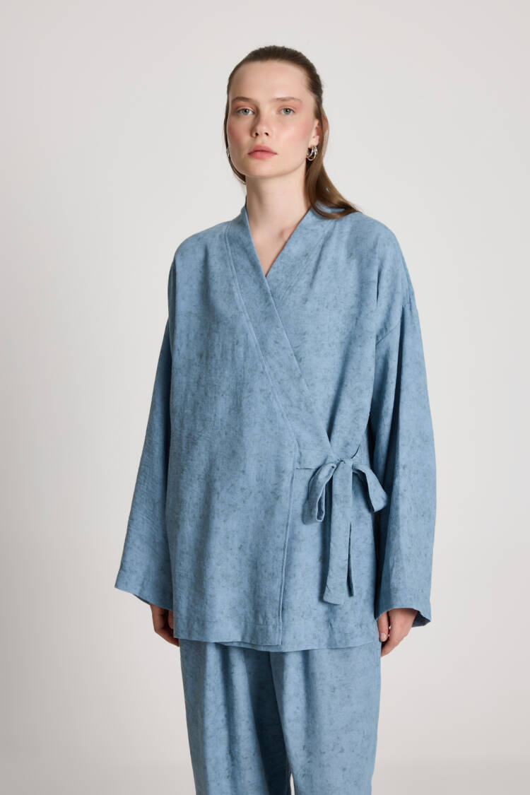Blue Ethnic Casual Kimono With Tie Closure