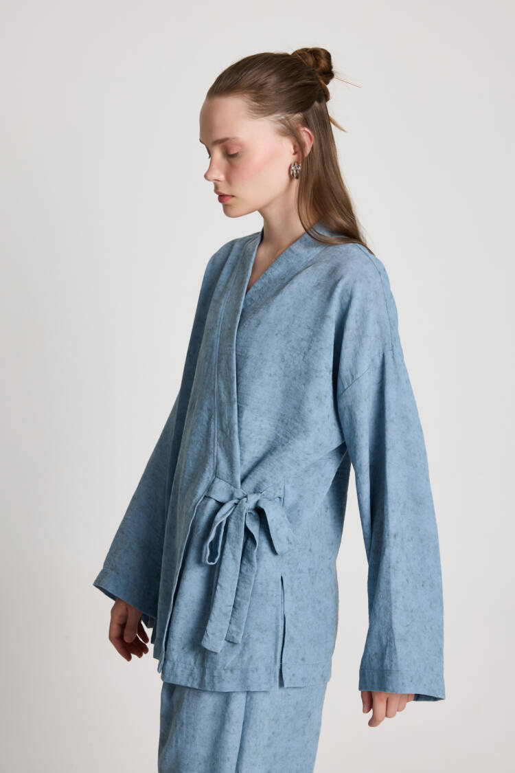 Blue Ethnic Casual Kimono With Tie Closure