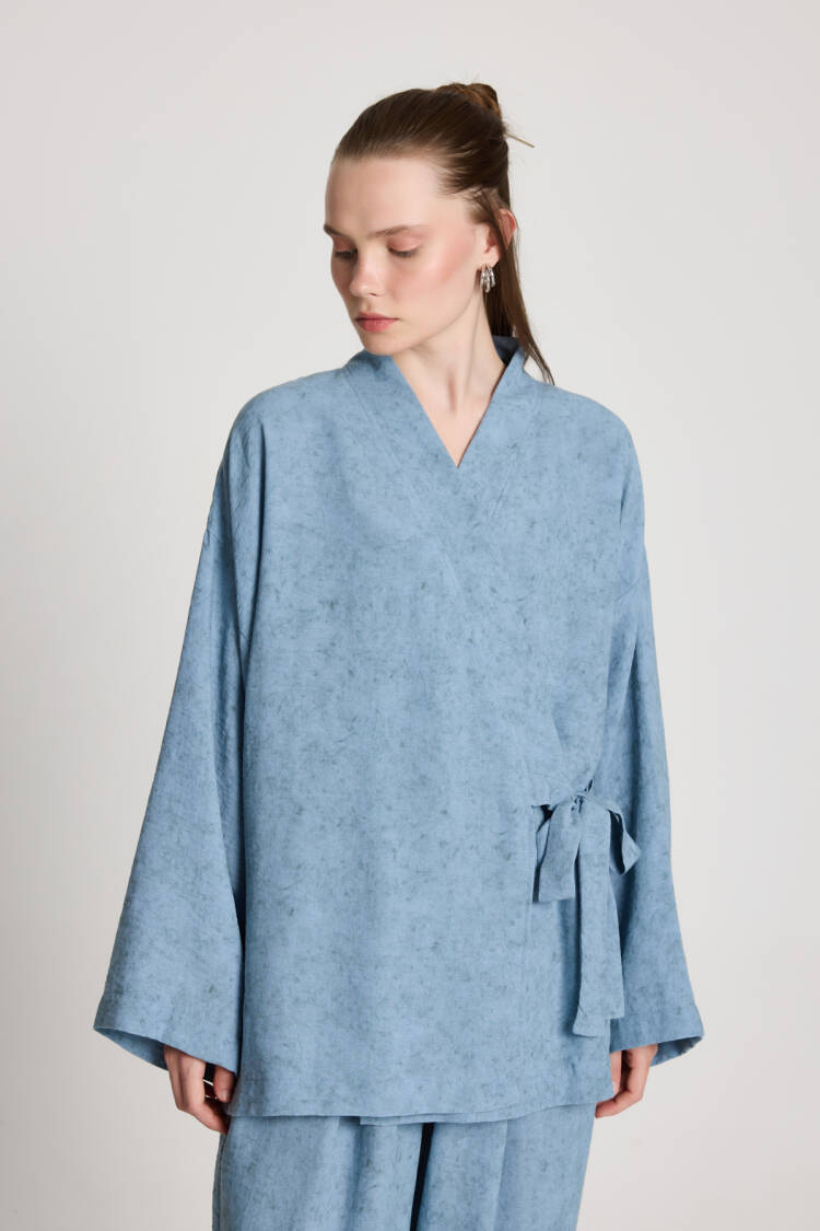 Blue Ethnic Casual Kimono With Tie Closure