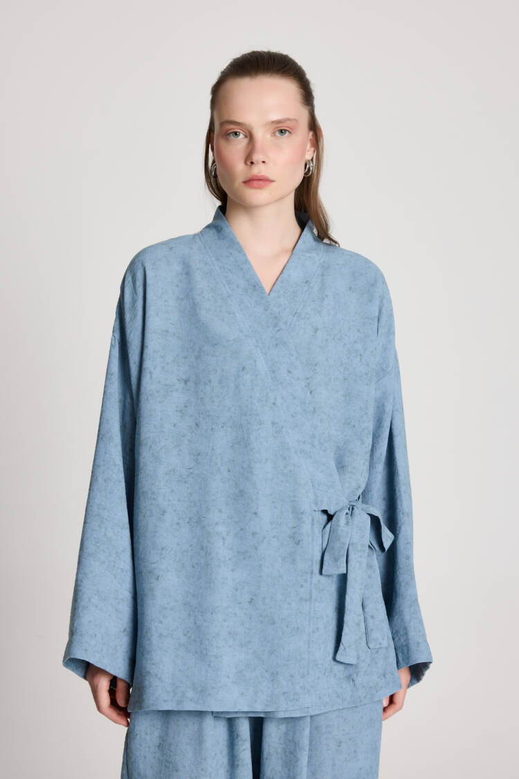 Blue Ethnic Casual Kimono With Tie Closure