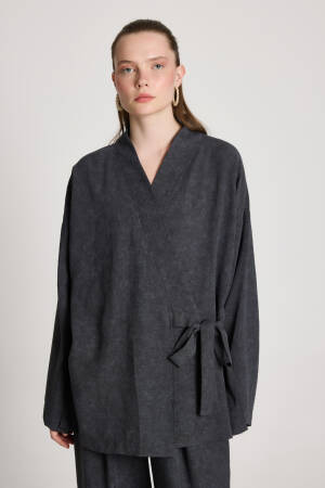 Black Kimono Oversized Tie Closure V-Neck - Brand: First Angels - Women's Clothing Wholesale - Globality Store