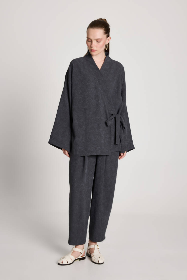 Black Kimono Oversized Tie Closure V-Neck