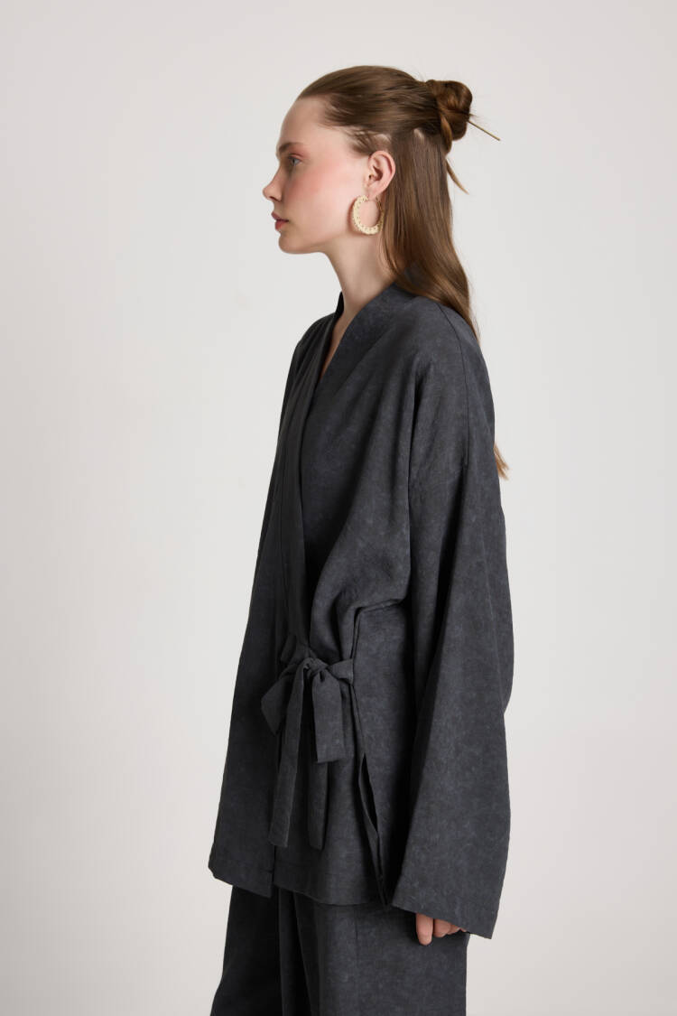 Black Kimono Oversized Tie Closure V-Neck