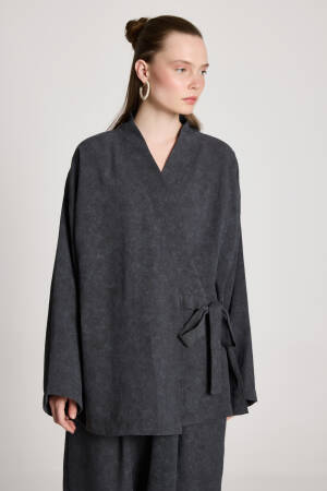 Black Kimono Oversized Tie Closure V-Neck - Brand: First Angels - Women's Clothing Wholesale - Globality Store