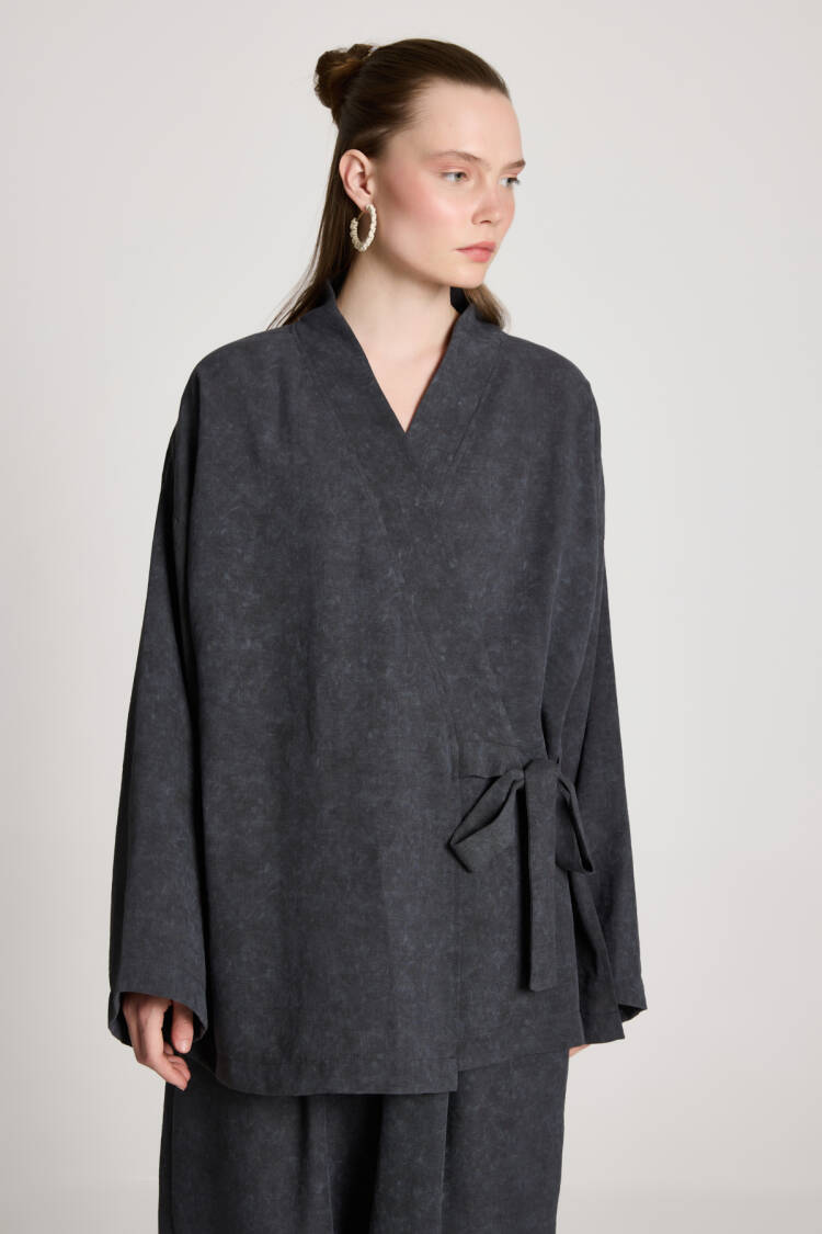 Black Kimono Oversized Tie Closure V-Neck