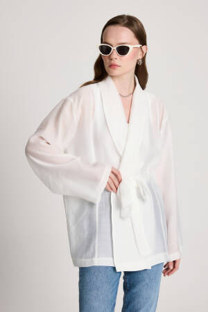 White Kimono With Shawl Collar And Tie Closure - Brand: First Angels - Women's Clothing Wholesale - Globality Store