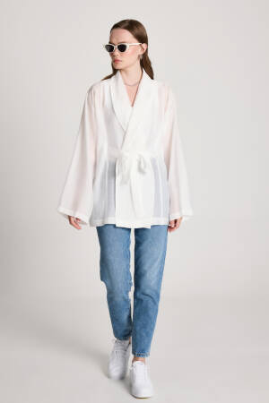 White Kimono With Shawl Collar And Tie Closure - Brand: First Angels - Women's Clothing Wholesale - Globality Store
