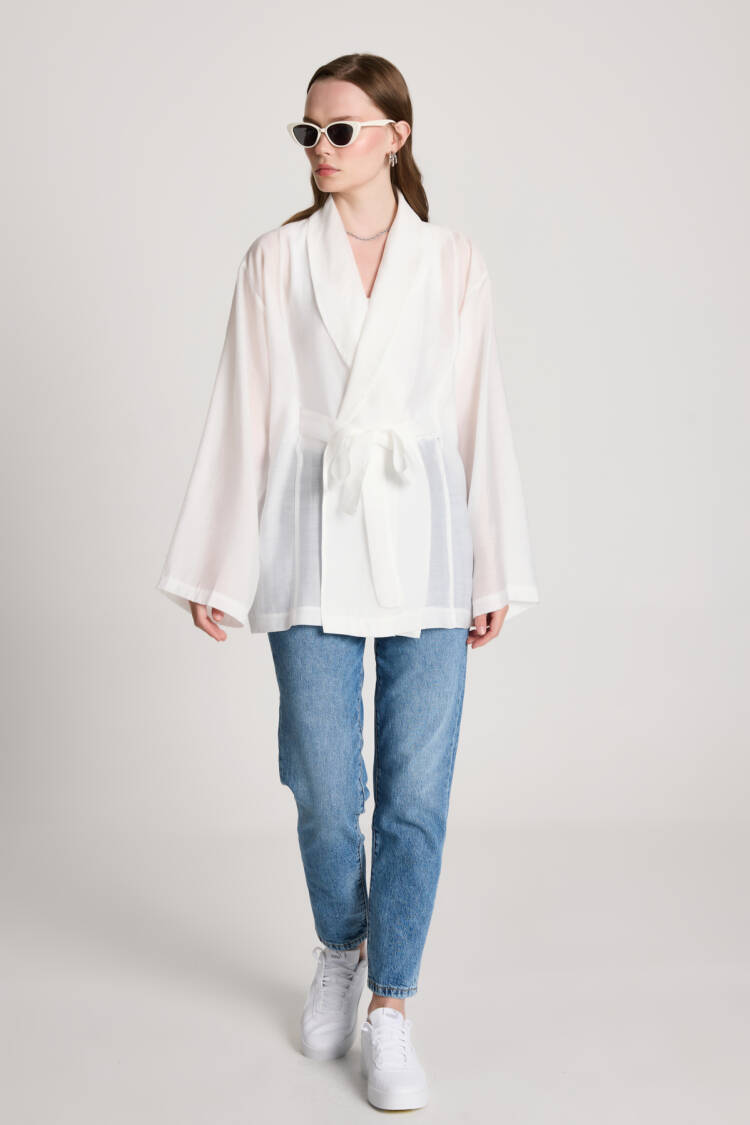 White Kimono With Shawl Collar And Tie Closure