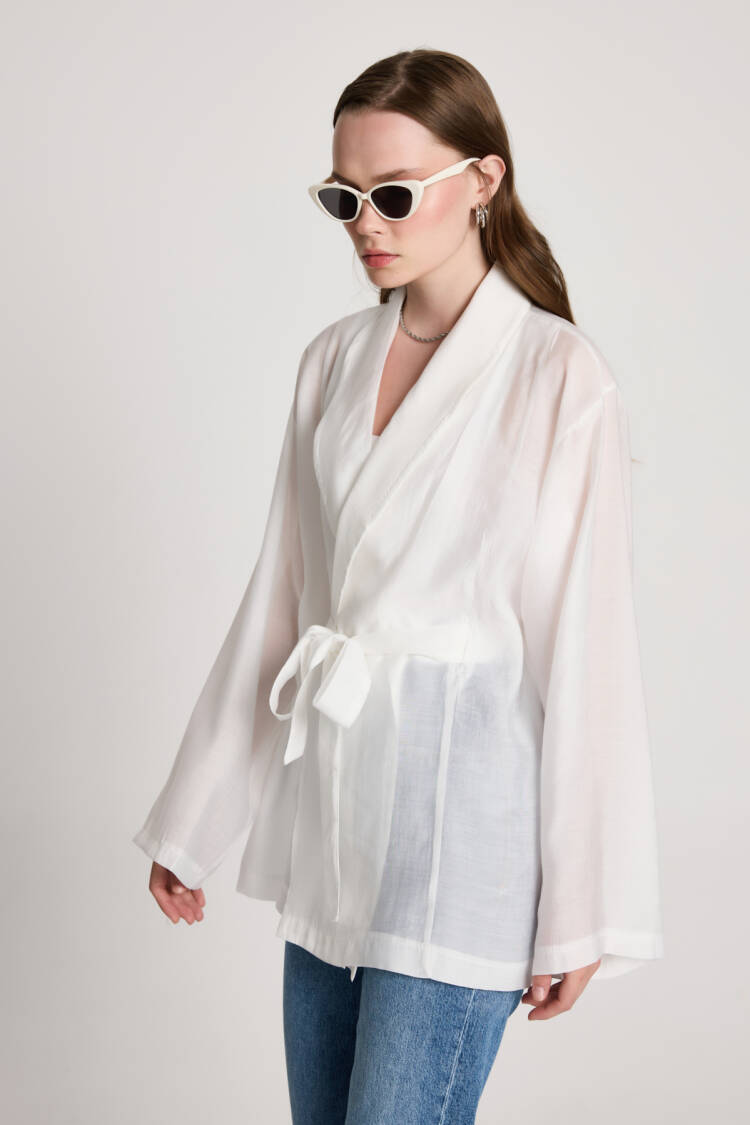 White Kimono With Shawl Collar And Tie Closure