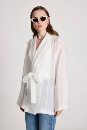 White Kimono With Shawl Collar And Tie Closure - Brand: First Angels - Women's Clothing Wholesale - Globality Store