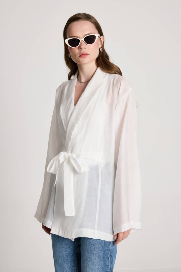 White Kimono With Shawl Collar And Tie Closure