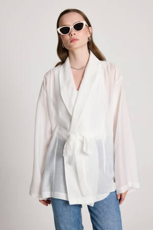 White Kimono With Shawl Collar And Tie Closure - Brand: First Angels - Women's Clothing Wholesale - Globality Store