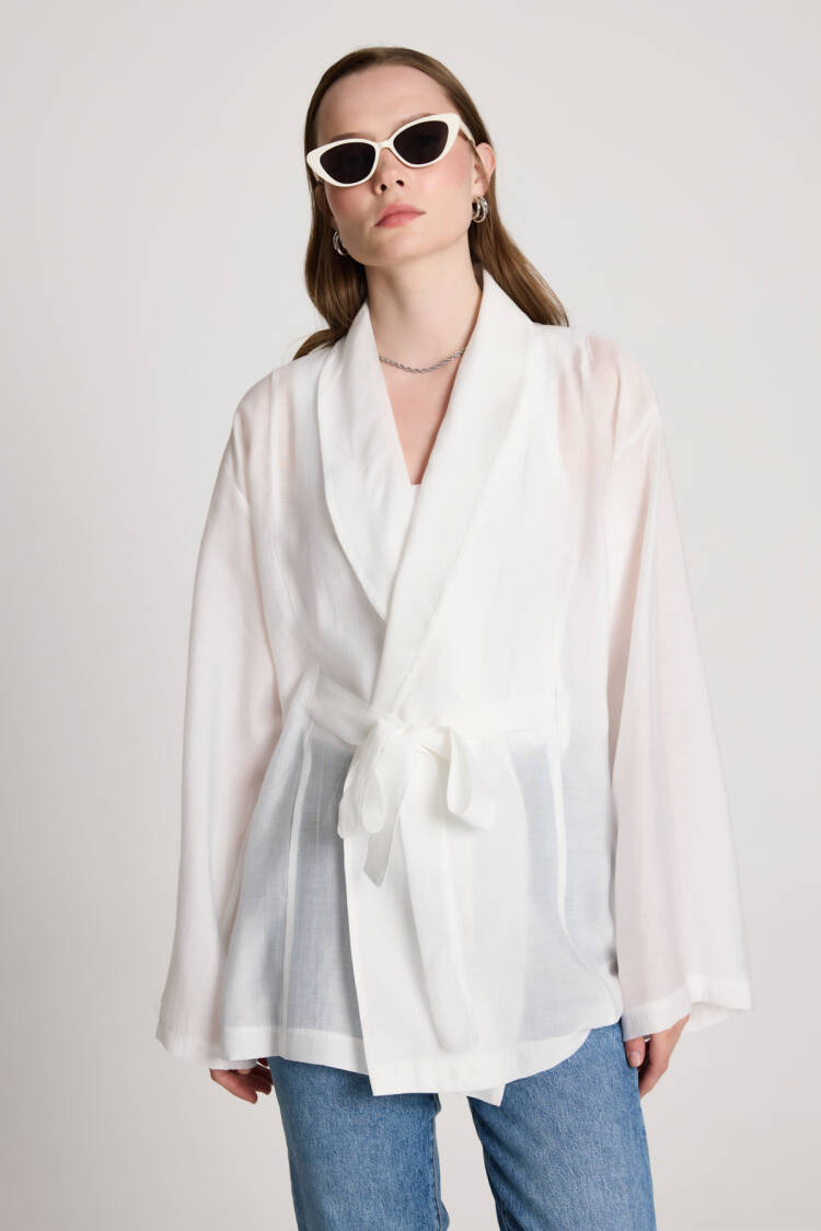 White Kimono With Shawl Collar And Tie Closure