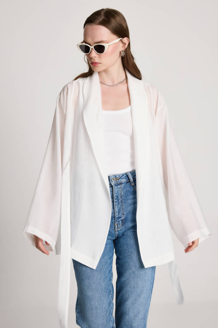 White Kimono With Shawl Collar And Tie Closure