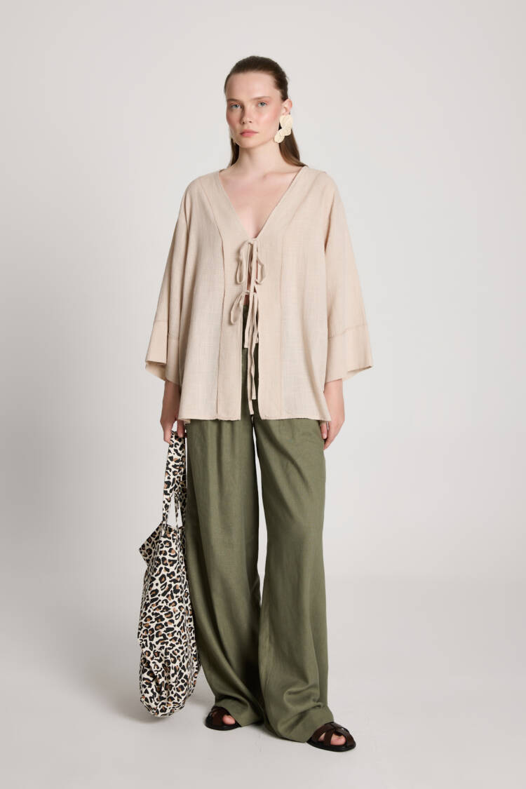 Beige Kimono With Oversized Fit And V-Neck - Brand: First Angels - Women's Clothing Wholesale - Globality Store