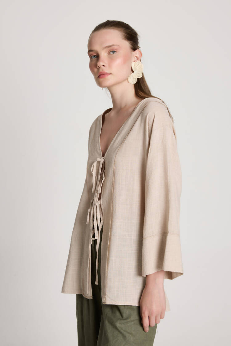 Beige Kimono With Oversized Fit And V-Neck