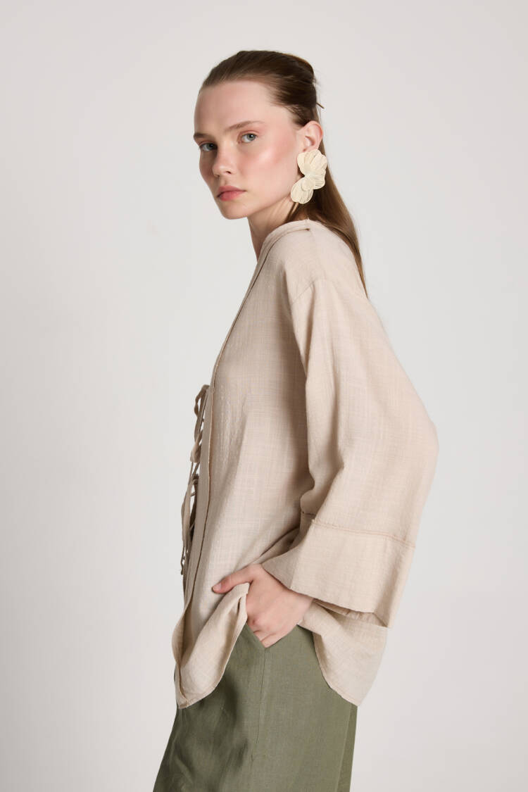 Beige Kimono With Oversized Fit And V-Neck