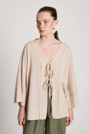 Beige Kimono With Oversized Fit And V-Neck - Brand: First Angels - Women's Clothing Wholesale - Globality Store