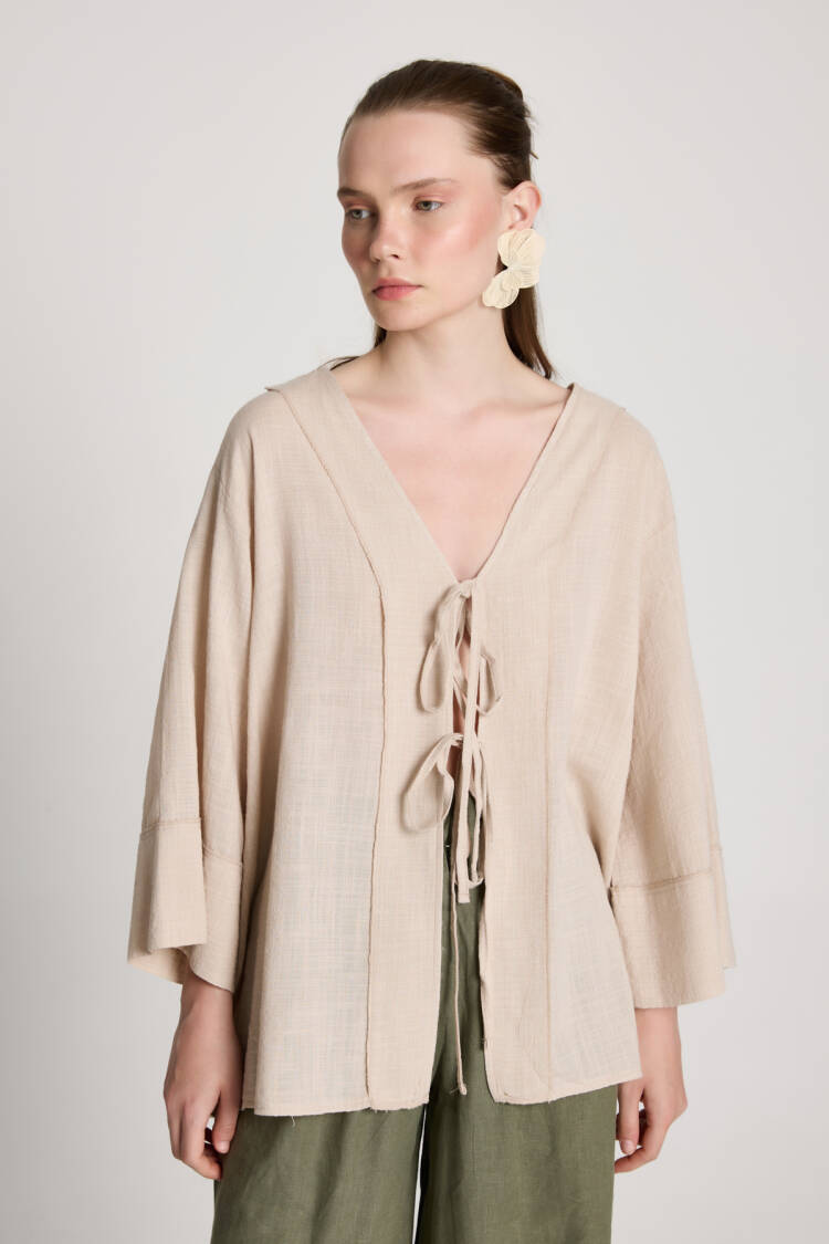 Beige Kimono With Oversized Fit And V-Neck
