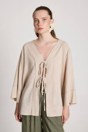 Beige Kimono With Oversized Fit And V-Neck - Brand: First Angels - Women's Clothing Wholesale - Globality Store