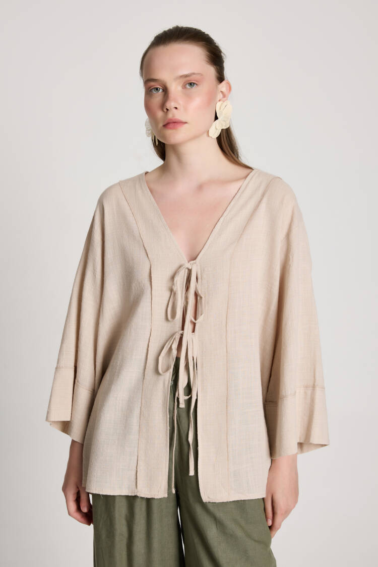 Beige Kimono With Oversized Fit And V-Neck