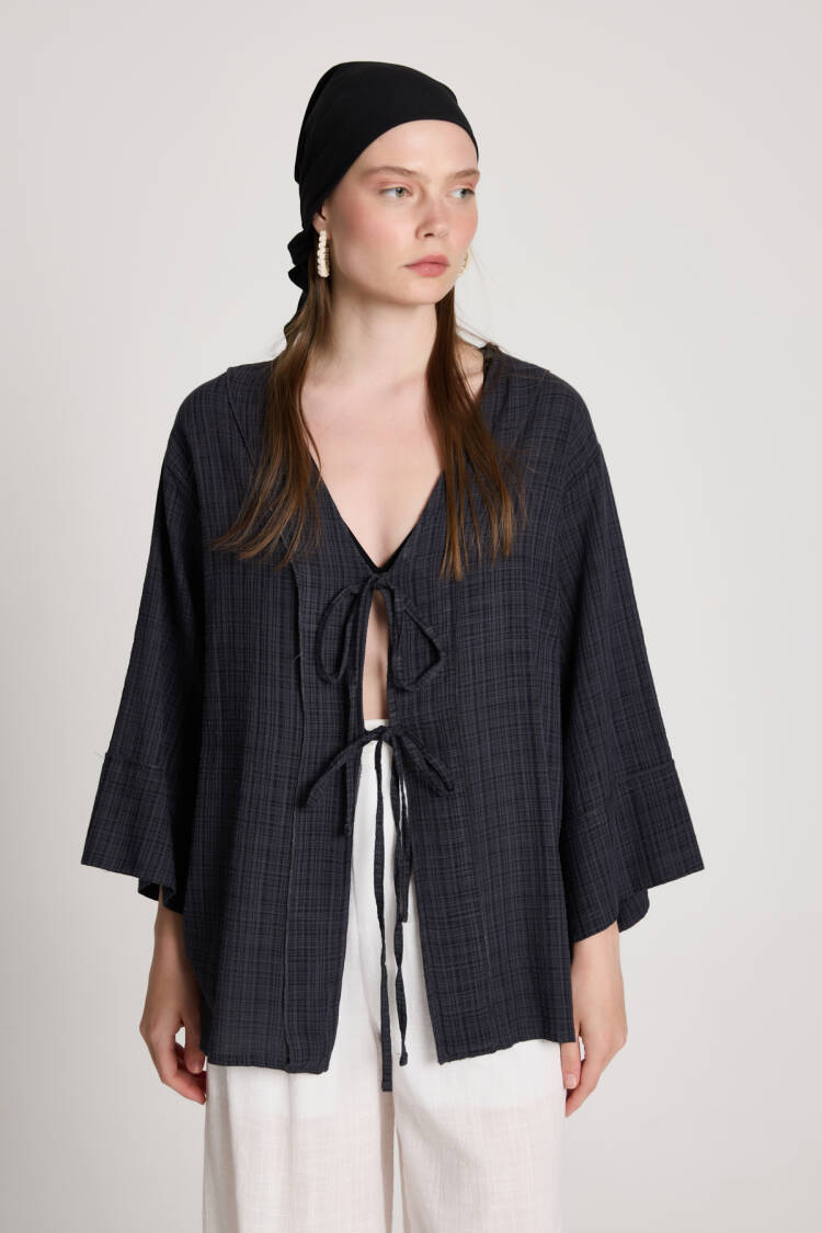 Black Checkered Casual Boho Kimono - Brand: First Angels - Women's Clothing Wholesale - Globality Store