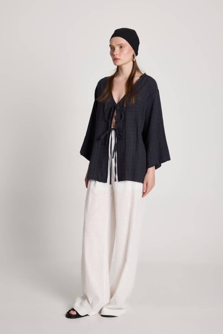 Black Checkered Casual Boho Kimono