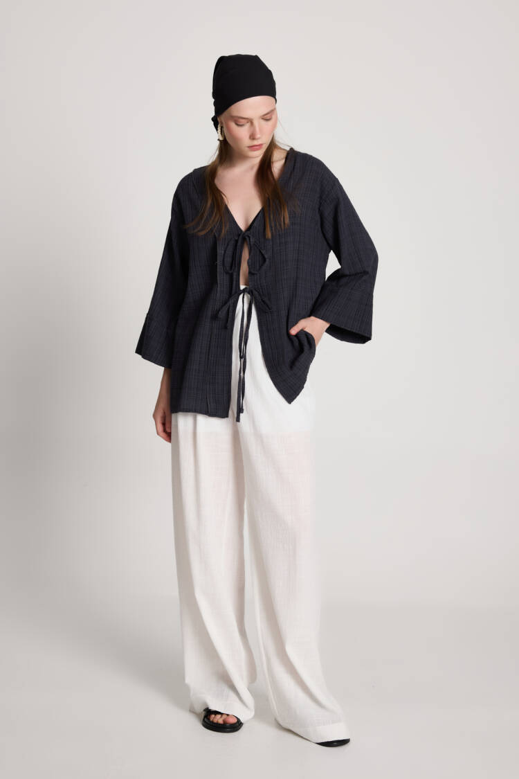 Black Checkered Casual Boho Kimono